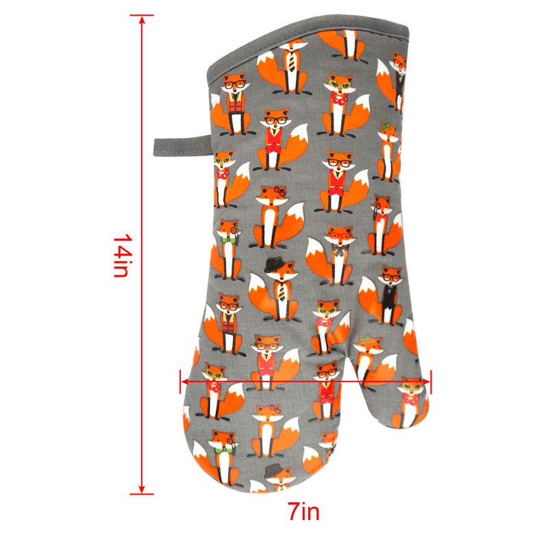 RED LMLDETA Oven Mitts Gloves 1 Pair Heat Resistant 480 â„‰ Non Slip Clear Silicone Printed Fox Comfortable Cotton Lining Kitchen Women Men Cooking Baking Barbecue Machine Washable (Fox, Gray Mittens) - Image 2